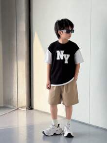 SHEIN 2pcs/Set Tween Boys' Casual Color Block Round Neck 2 In 1 Short Sleeve T-Shirt And Shorts Set, Suitable For Commuting, School, Daily Casual Wear, Sports, Spring/Summer - Black - View 4