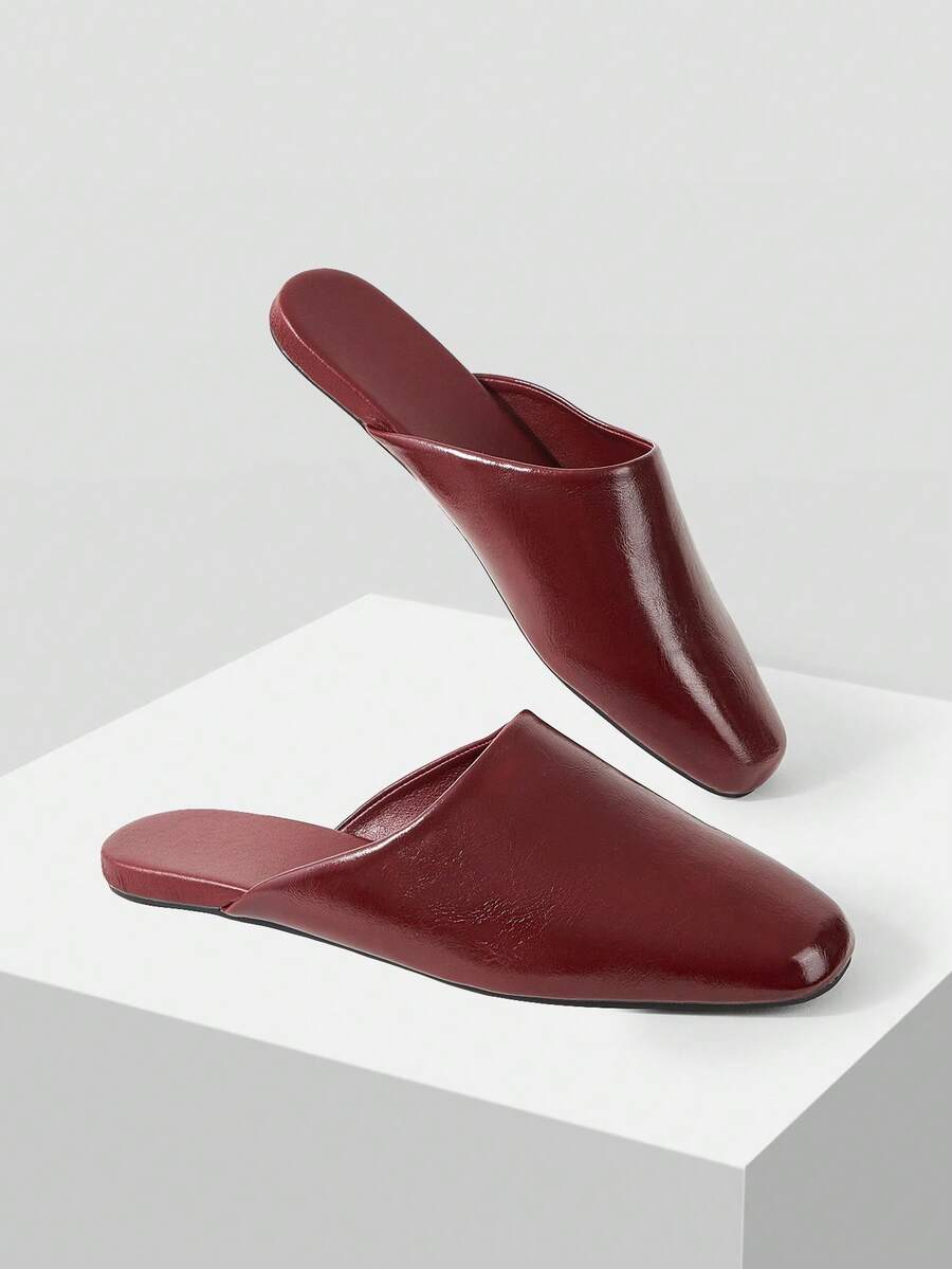 Mnmlis Zapatos de mujer para primavera y verano, nuevos modelos. Diseño cuadrado simple para uso en casa, citas, tardes de té. Populares zapatos planos tipo mula - Burdeos - Ver 1