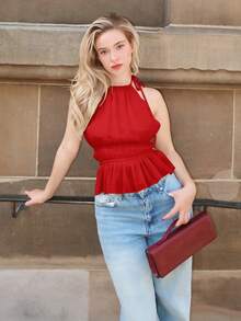 Turnttoni Women's Pleated Halter Neckline Waist-Tied Backless Tank Top - Burgundy - View 5