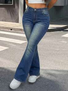 EURMUSE 大码女式时尚街头休闲高腰喇叭牛仔裤 - 中等水洗藍 - 查看 5