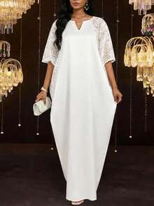 SHEIN Lady Women's Contrast Lace Raglan Sleeve Dress, Elegant - Red - View 3