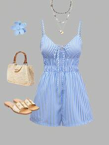 GlowEve Women's Blue & White Striped Waist Strap Jumpsuit, Flattering Silhouette, Elegant French Style For Vacation, Casual, Beach, Commute, Sexy, Romantic, Business, Date, Holiday Wear, Sleeveless Blue & White Romper - Multicolor - View 6