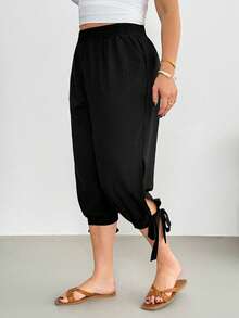 Shapeblank Quần Capri nữ cỡ lớn thời trang xuân/hè, dáng rộng thoải mái, mát mẻ, cạp chun co giãn, thắt nơ đen, quần áo mùa hè, quần nữ, trang phục đi nghỉ mát, quần ống rộng nữ, trang phục thường ngày nữ, trang phục mùa hè nữ, bộ trang phục đi nghỉ mát nữ, quần thường ngày xuân/hè cho nữ - màu đen - Xem 5
