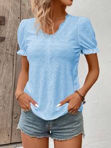 SHEIN LUNE Women's Contrast Lace Hollow Out Embroidery Short Petal Sleeve Casual T-Shirt - Baby Blue - View 6