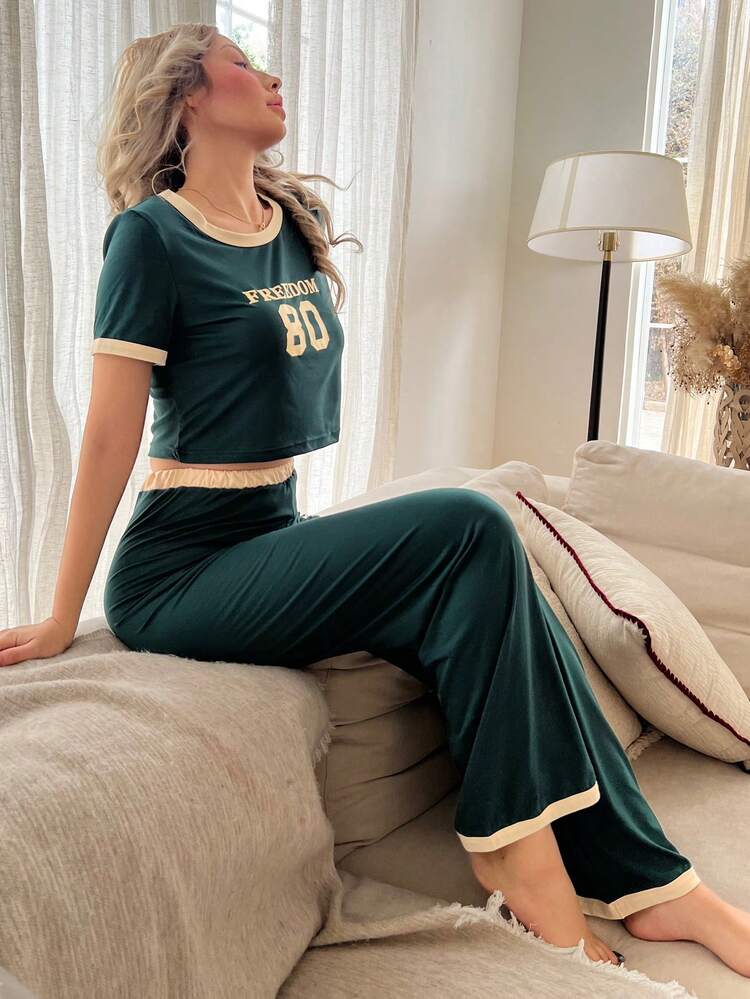 ZzzCrew St. Patrick's Day Sporty Retro Color Block Green Short Sleeve Top And Pants Set For Women - Army Green - View 2