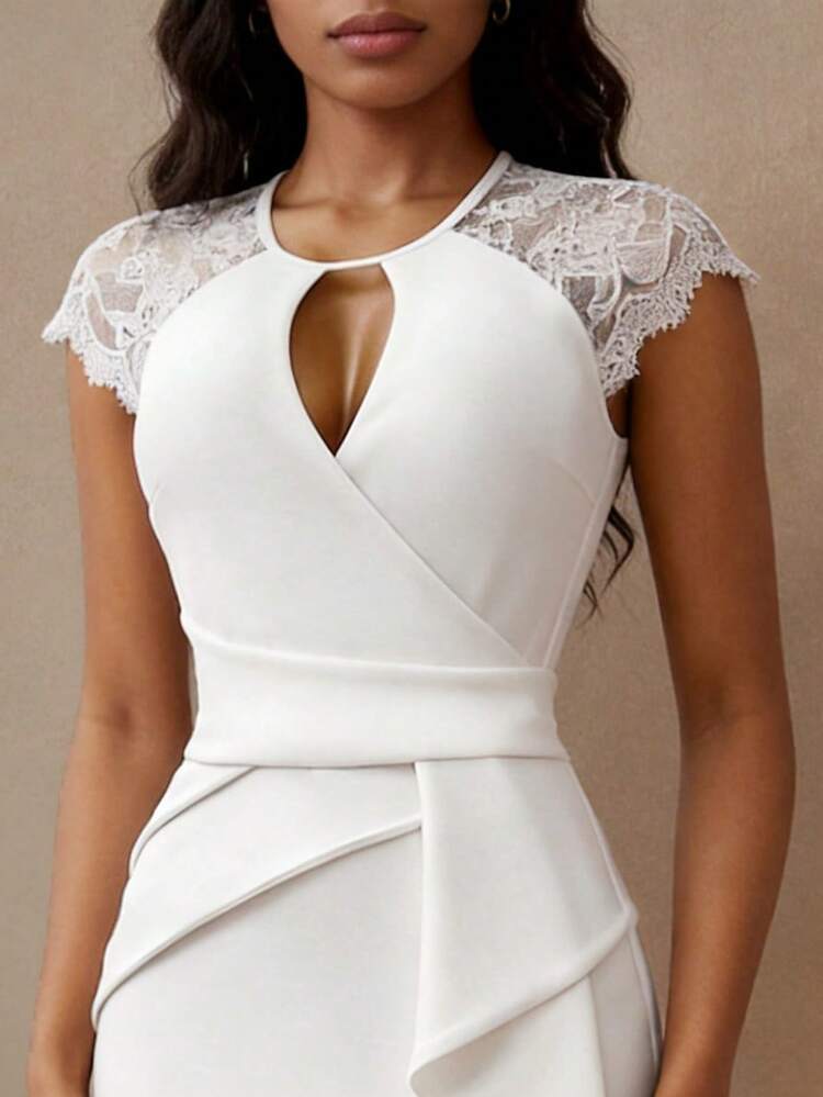 Women's Elegant Midi Dress With Lace Shoulder, Cutout Waist, Ruffle Hem And Side Slit, Suitable For Party, Summer Elegant White Dress
