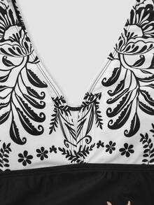 Swim Oasis Plus Size Women Digital Plant Print One-Piece Swimsuit With Black Casual Vacation Matching Coverup And Skirt - Multicolor - View 3