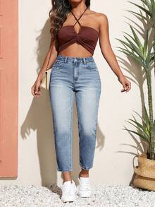SHEIN MOD Quần jeans nữ cỡ lớn có túi và cúc, kiểu dáng thường ngày, đa năng, thích hợp mặc hàng ngày. - Màu xanh lam - Xem 6