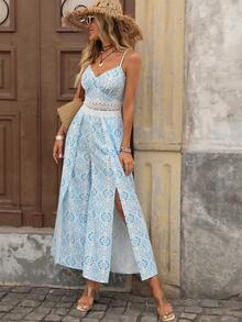 Brillora Women's White And Blue Floral Print Contrast Lace Wide Leg Jumpsuit,Summer Boho Vacation Holiday Beach Outfit,Casual Spring Style Jumpsuit - Blue and White - View 6