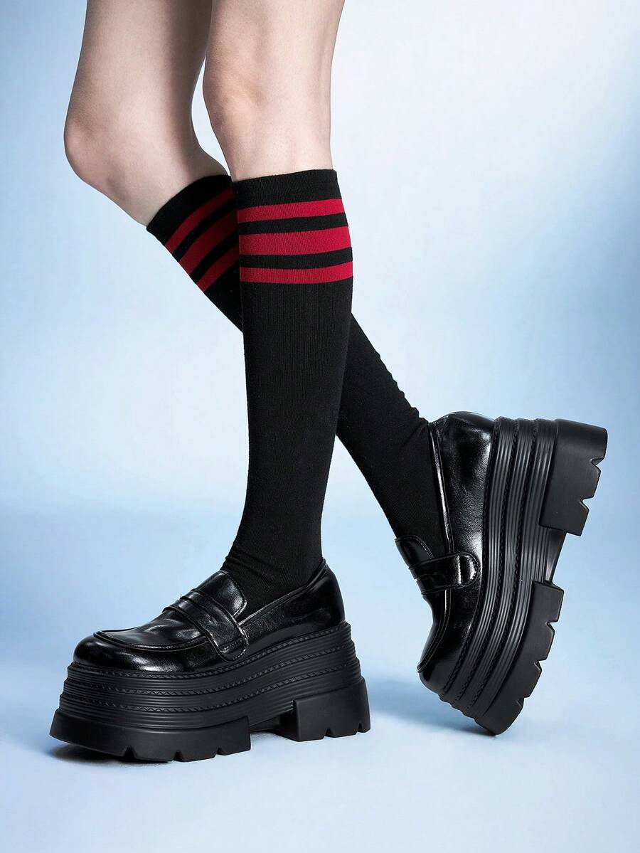 Sugerpunk 女士高跟凉鞋~ 2026 新款春秋时尚松饼厚底粗跟高跟英伦风增高小皮鞋时尚女鞋 - 黑色 - 查看 1