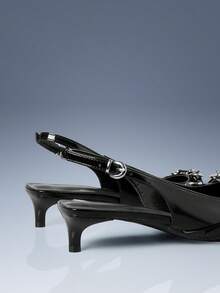 CUCCOO GRLICON Burgundy Pointed Back Space With Metal Buckle Kitten Heel Women's Shoes - Black - View 4