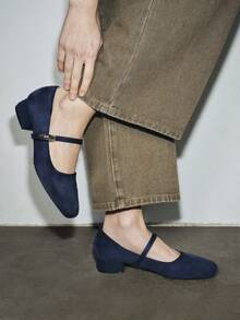 女式 3 厘米布面高跟时尚百搭白色玛丽珍粗跟平底鞋，适合所有季节 - 藏蓝色 - 查看 3