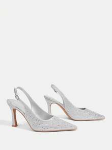 CUCCOO TILAWA 女士尖头细跟银色水钻性感时尚华丽后跟提拉鞋，搭配裙子，适合宴会、派对、夜店等场合，女士高跟鞋 - 銀色 - 查看 4