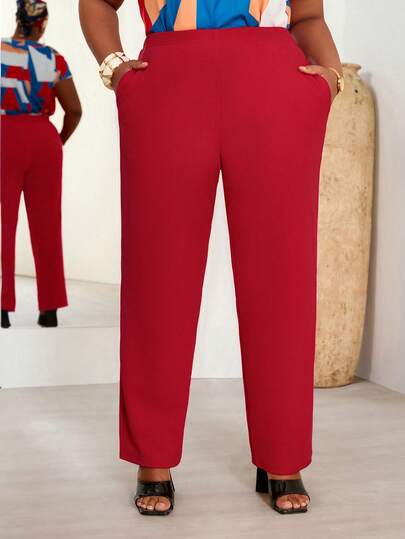 EMERY ROSE Pantalones largos de color rojo burdeos con bolsillos para mujer de talla grande, casuales y diarios para otoño/invierno, para salir, 2025 nuevo, simple y de moda para uso diario, Navidad para mujeres, Año Nuevo, Acción de Gracias para mujeres, con cintura elástica, pantalones casuales para mujer