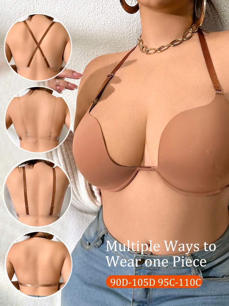 DesireSculpt Plus Size Contrast Color Strap Seamless Comfortable Bra - Coffee Brown - View 1