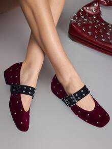 CUCCOO GRLICON 2000's Style Studded Square Toe Mary Jane Shoes, Suitable For Spring, Summer And Vacation - Burgundy - View 6