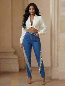 Playroots 女士时尚魅力性感水钻钻石链条浪漫派对蓝色弹力紧身牛仔裤 - 藍色 - 查看 5