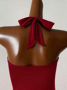 Lyxana Women's Solid Color Fishtail Hem Fitted Elegant Dress With Halter Neck - Red - View 4
