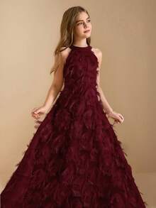 适合少女的优雅花童礼服，可用于毕业典礼、婚礼、舞会、圣诞节等场合；杏色碎花吊带无袖中长连衣裙；时尚薄纱公主裙，适合返校季；酒红色少女伴娘礼服；少女晚礼服；长款酒红色连衣裙；酒红色少女正式礼服 - 酒紅色 - 查看 5