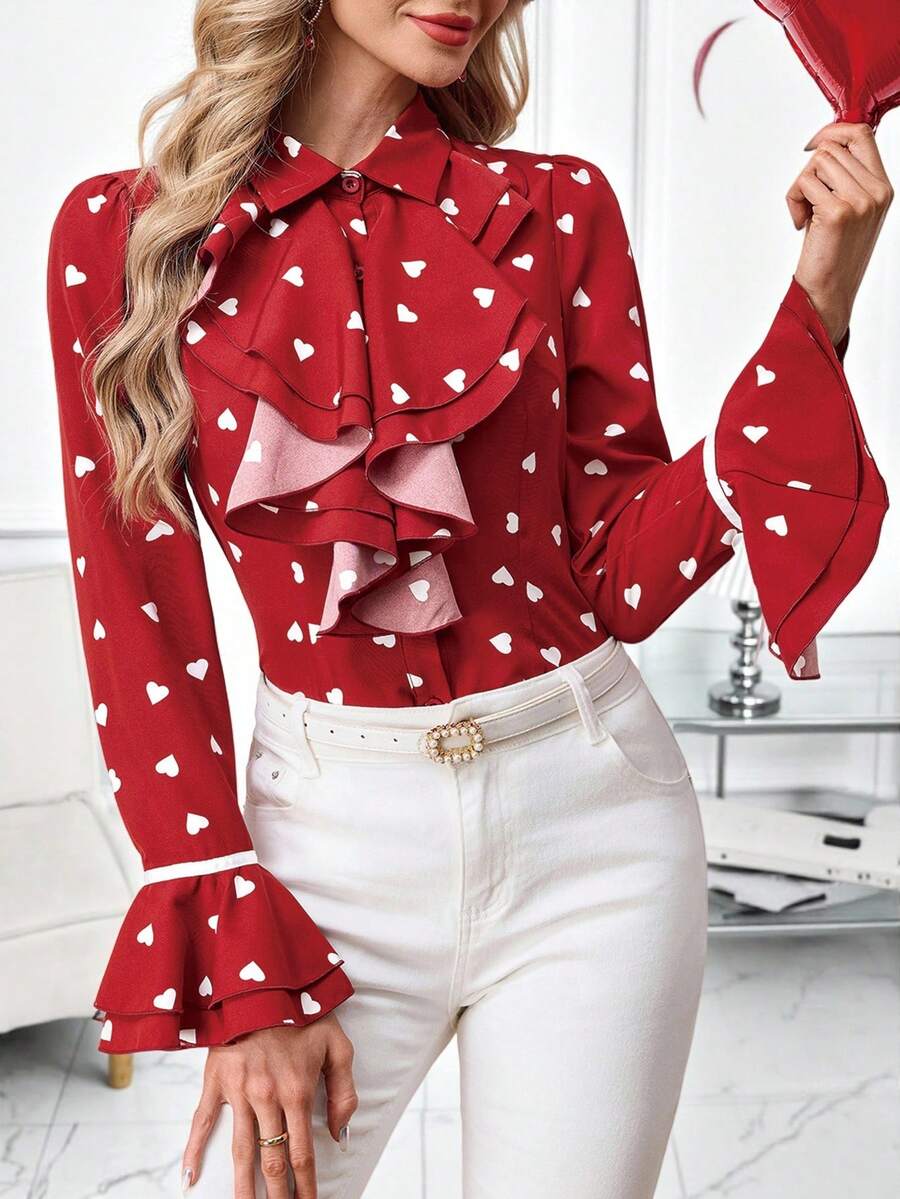 SHEIN Clasi Áo kiểu nữ tay bồng in hình trái tim, thích hợp cho ngày Valentine, màu đỏ mùa hè.