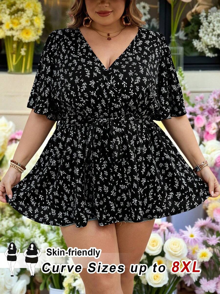 SHEIN CURVE+ Curve Size US22 Music Festival Seaside Vacation Bohemia Elegant Business Casual Women Ditsy Floral Butterfly Sleeve Ruffle Hem Blouse Black Summer