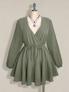 SHEIN ICON 大码女式水洗棉绿色系带长袖连衣裙 - 綠色 - 查看 3