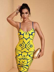 JIAN LASALA 全印花针织吊带V领无袖女士夏季长连衣裙波西米亚休闲度假优雅 - 黃色 - 查看 6