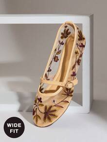SHUZIA Glamorous Women's Embroidered Wide-Fit Mesh Mary Jane Flats Vintage-Inspired Multi Floral Ballet Shoes With Strap Valentine's Day Wide Fit - Multicolor - View 8