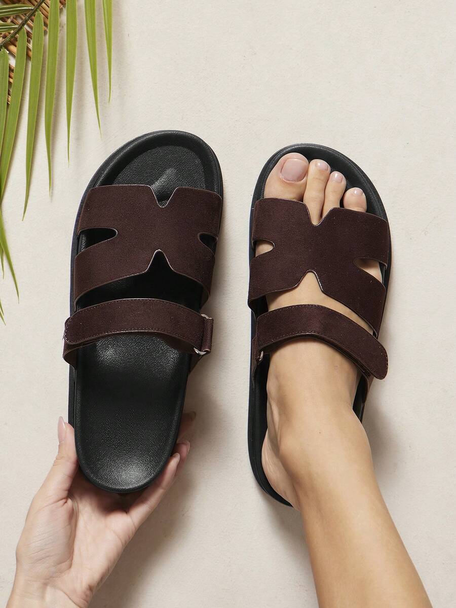 SHUZIA 女士圆头双带平底拖鞋 - 巧克力棕 - 查看 1