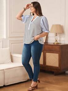 Rosumi 大码女式V领条纹拼接休闲百搭日常衬衫条纹上衣学院风上衣航海蓝白上衣夏季海滩度假外出上衣，夏季条纹衬衫 - 黑與白 - 查看 5