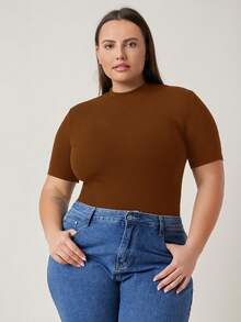 EMERY ROSE Plus Size Women's Solid Color Fitted Casual Daily Short Sleeve T-Shirt - Brown - View 5