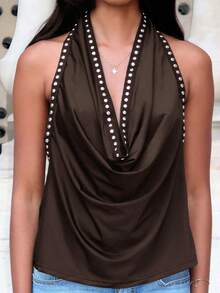 Mima John Fashionable Sexy Beaded Decor Halter Backless Crop Top, Summer - Chocolate Brown - View 3