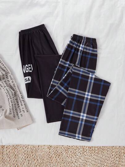 2pcs/Set Teen Boys' Pajama Bottoms, Minimalist Classic Plaid Print, Comfortable Lounge Pants