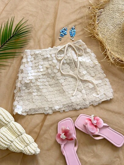 Soleia Chân váy ngắn đính sequin cạp thấp gợi cảm mới, phong cách Bohemian, Boho, thích hợp cho kỳ nghỉ, vintage, du lịch biển, du thuyền.