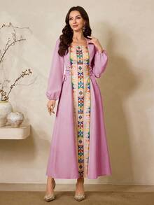 Al Najma Bộ sưu tập đầm maxi Thổ Nhĩ Kỳ và áo abaya truyền thống Ả Rập thanh lịch dành cho nữ mùa Xuân/Hè mới. - Hồng - Xem 2
