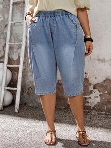 EMERY ROSE 大码女式休闲度假通勤弹力腰侧口袋七分紧身牛仔裤（不含腰带），牛仔短裤，灯笼裤，浅色水洗牛仔，弹力腰牛仔裤，春夏牛仔裤，透气牛仔裤，游牧风牛仔裤，度假牛仔裤，都市度假风，清爽夏季牛仔裤，下午茶，周末度假，休闲度假，休闲工作，日常牛仔裤，大码灯笼裤 - 藍色 - 查看 6
