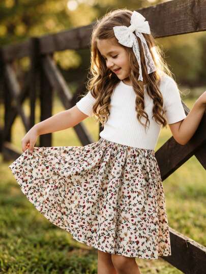 Emery Rose Kids Emery Rose Kids Young Girl Solid Color Knit Patchwork Floral Hem Casual Dress