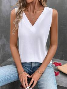 EMERY ROSE Women's Solid V-Neck Casual Versatile Daily Wear Top - White - View 3