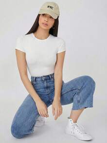 SHEIN BASICS 休閒素色短袖連身衣，夏季白色女款連身衣，夏季服飾 - 白色 - 查看 6