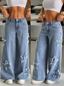 SHEIN PETITE 女士时尚休闲水洗星形贴片阔腿牛仔裤 - 淺色水洗藍 - 查看 2