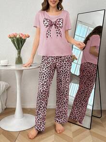 Leopard Print Bow Decor Short Sleeve & Pants Women Pajama Set - Pink - View 5