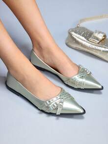 CUCCOO GRLICON Women's Rivet Decor Buckle Pointed Toe Flat Shoes Valentine's Day - Gold - View 1
