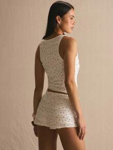 MUSERA 波点圆领吊带荷叶边背心和迷你荷叶边短裤套装，春夏舒适可爱日常少女度假阳光社交装 - 白色 - 查看 4