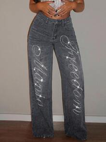 Jeanoix Women's Y2K Retro Rhinestone Embellished Straight Leg Jeans - Grey - View 4