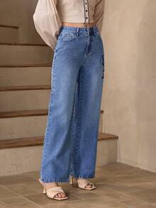 Selenza Women's Floral Embroidered Pocket Wide Leg Loose Casual Jeans - Blue - View 4