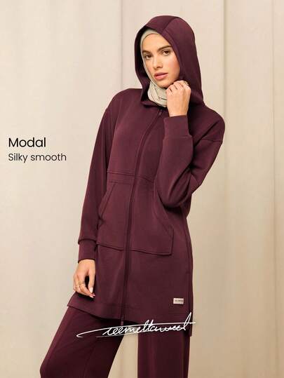 GLOWMODE X Reem Modest SoftSerene Modal Always Glowing Relaxed Fit Thigh Length Pocket Side Split Hem Hooded Long-Sleeve Daily Casual Wear