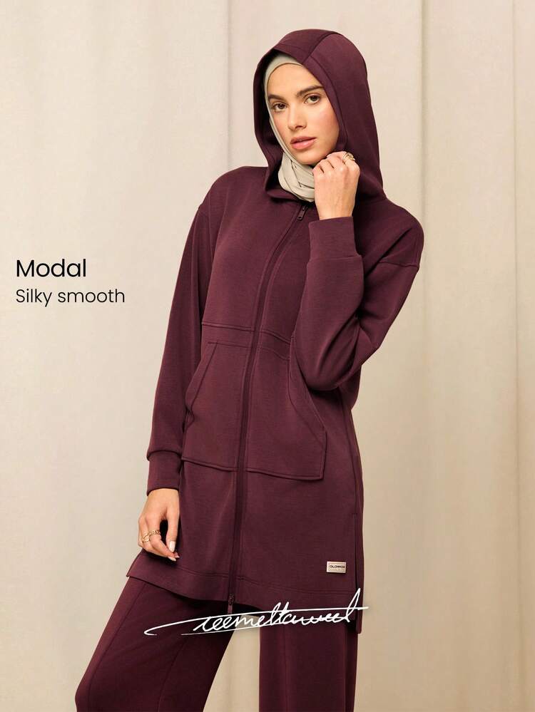 X Reem Modest 1PC SoftCalm Modal Always Glowing Relaxed Fit Thigh Length Pocket Side Split Hem Hooded Long-Sleeve Daily Casual Wear