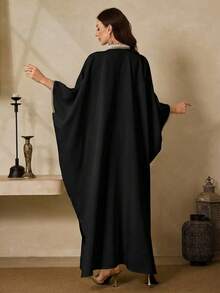 Al Najma Đầm nữ dáng rộng cổ chữ V với viền dệt, kiểu Ả Rập. - màu đen - Xem 4