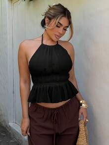 Maria Perezxox Women's Pleated Halter Neckline Waist-Tied Backless Tank Top - Black - View 4
