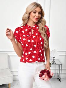 SHEIN Clasi Áo kiểu nữ thanh lịch in họa tiết trái tim và chấm bi, áo đỏ thường ngày cho ngày Valentine, áo tay ngắn màu đỏ. - Đỏ và trắng - Xem 7